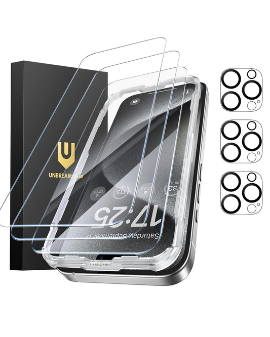 Tempered Glass Screen Protector 3-Pack for iPhone 15 Pro Max + 3 Camera Lens Guards 9H – Clear 6.7in