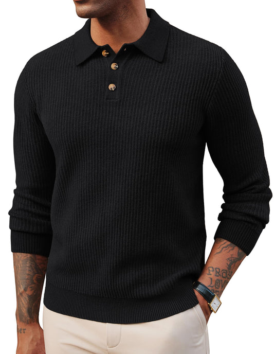 Men’s Polo Neck Lightweight Jumper Golf Sweater – Black XL