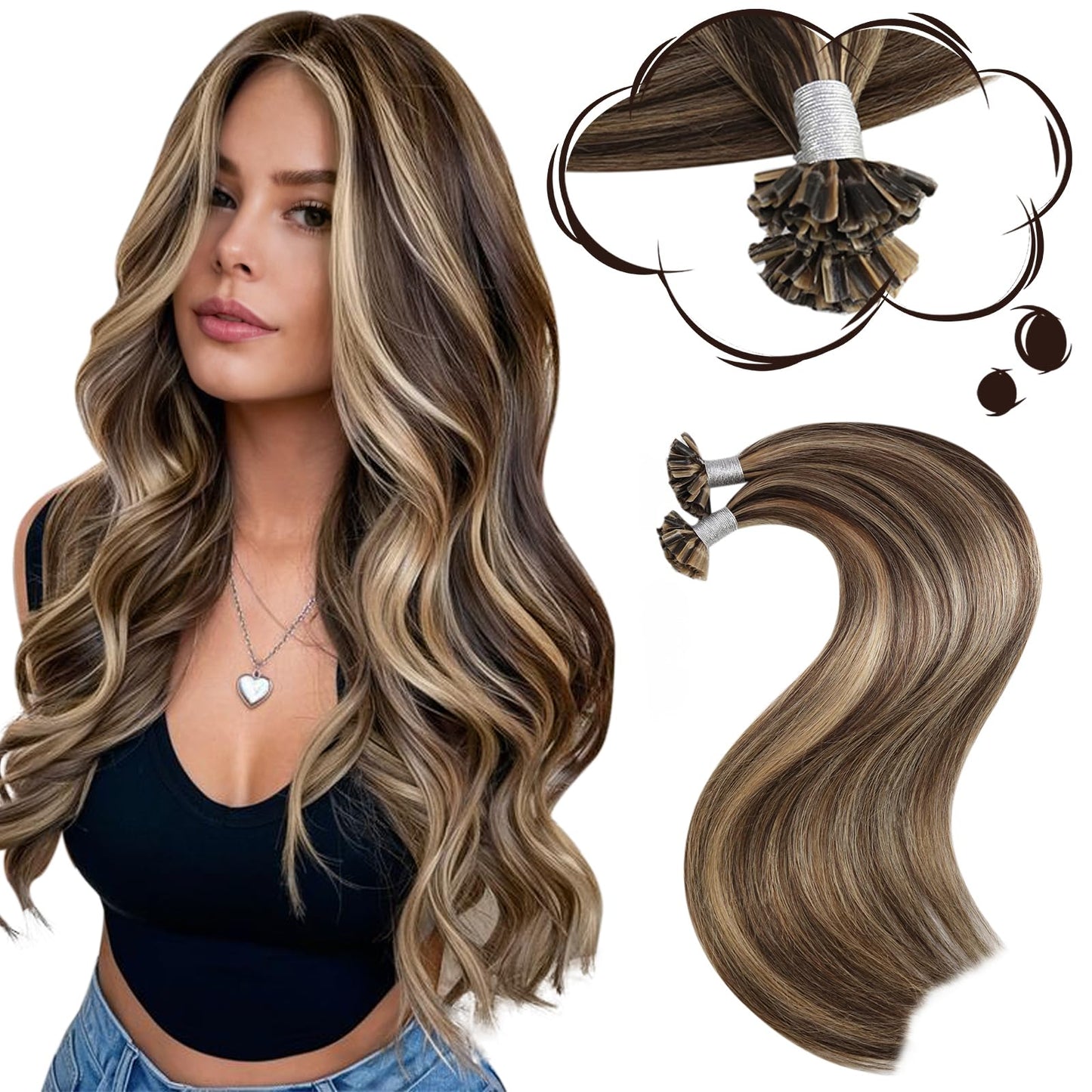 Moresoo Pre Bonded Hair Extensions U-Tip Human Hair Extensions Dark Brown with Strawberry Blonde Highlights 16 Inch 50g, 50s/Pack