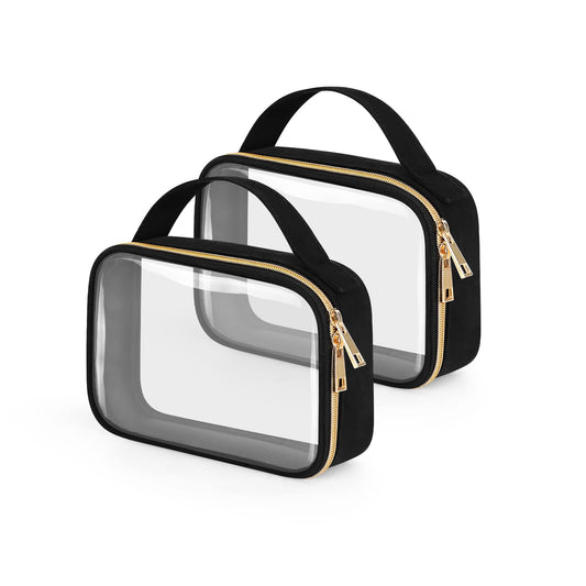 HELZOI TSA Approved Toiletry Bag, 2 Pack Clear Makeup Bags with Handles, Quart Size Clear Toiletry Bags, PVC Clear Cosmetic Bags for Women and Men, Carry on Airport Airline Compliant Bag, Black