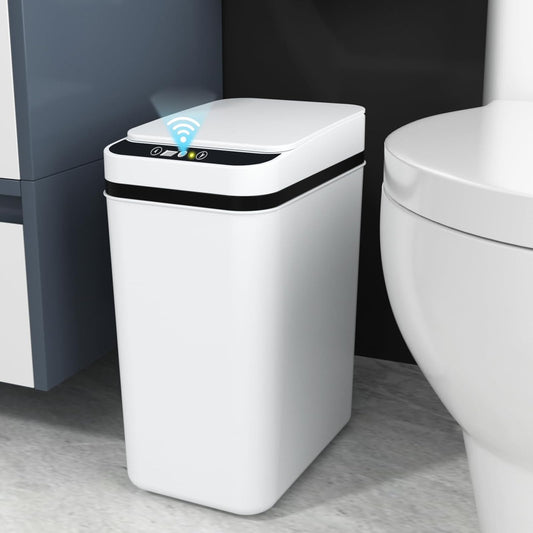 Bathroom Bin 12L Sensor Trash Bin with Lid, Automatic Garbage Can, Slim Plastic Smart Touchless Trash Can, Waterproof Intelligent Trash Bin for Bedroom Bathroom Toilet Kitchen Office (Rectangular)