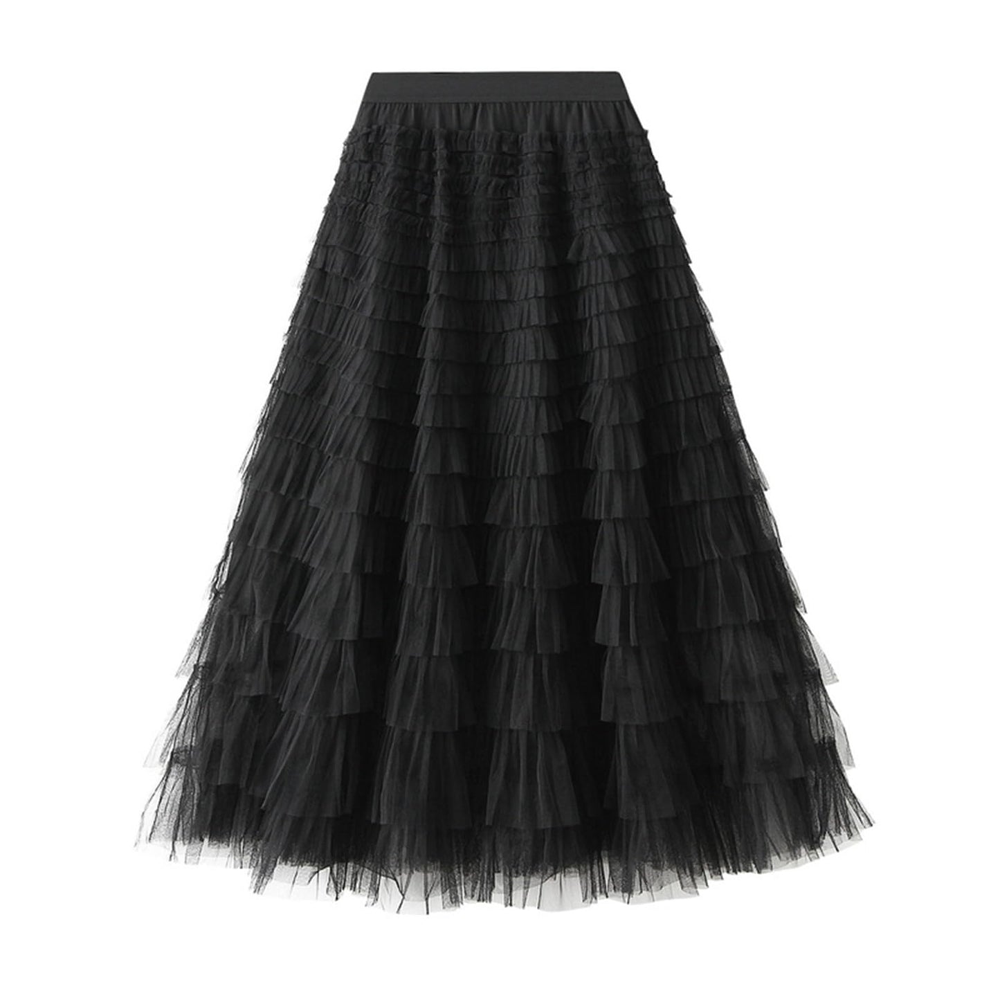 Jemsia Women's Tulle Skirt Midi Ruffles Tiered Cake Skirt Elegant Elastic High Waist A-line Petticoat Mesh Long Tutu Flowy Skirts for Prom Homecoming Birthday Party, Black