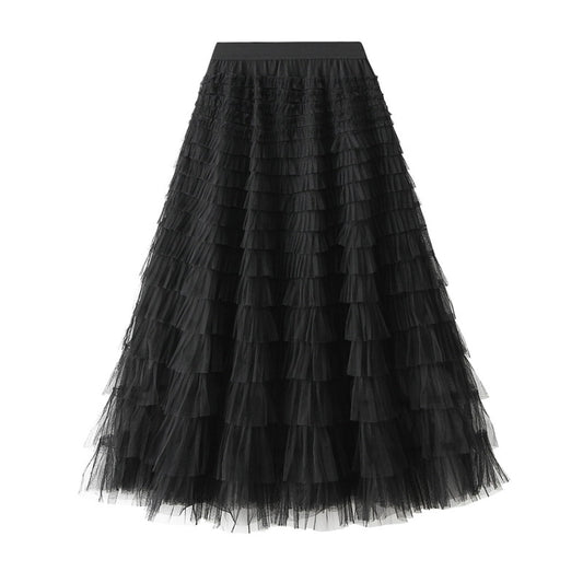 Jemsia Women's Tulle Skirt Midi Ruffles Tiered Cake Skirt Elegant Elastic High Waist A-line Petticoat Mesh Long Tutu Flowy Skirts for Prom Homecoming Birthday Party, Black