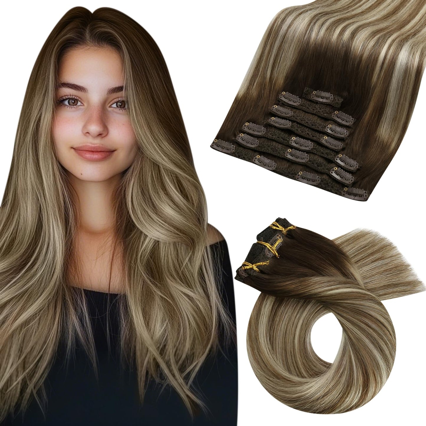Moresoo Balayage Hair Extensions Clip in Human Hair Brown and Blonde Clip in Hair Extensions Real Human Hair 16 Inch Ombre Clip in Extensions 7 Pieces/120g #4/6/613