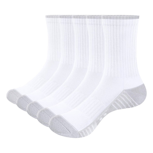 Sports Crew Socks Moisture-Wicking Cushioned Athletic Socks 5 Pairs – White 6-10