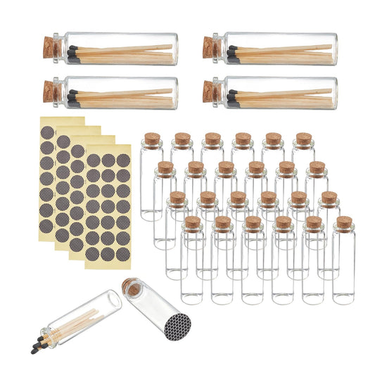 Bulk Empty Match Jars with Cork Tops 24-Pack + 84 Striker Stickers – Clear Glass