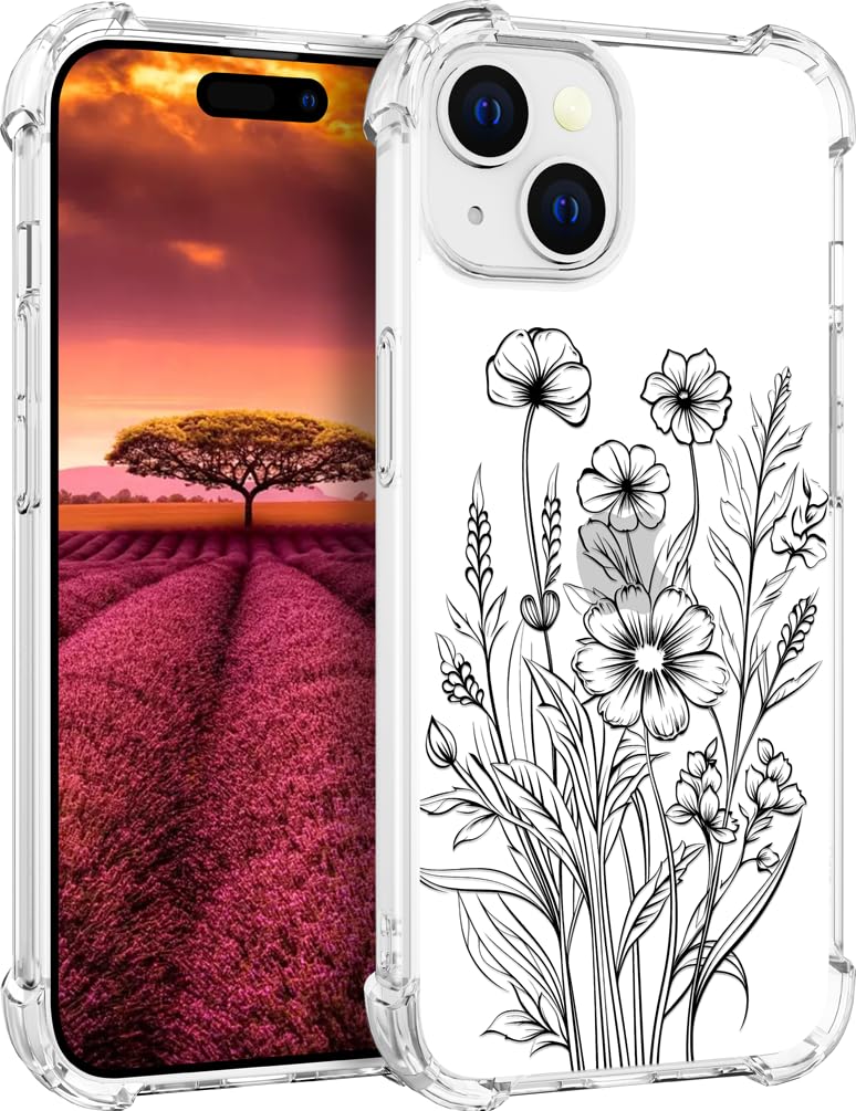 Apple iPhone 15 Floral Clear Silicone Case Slim Designer Cute – Clear iPhone 15
