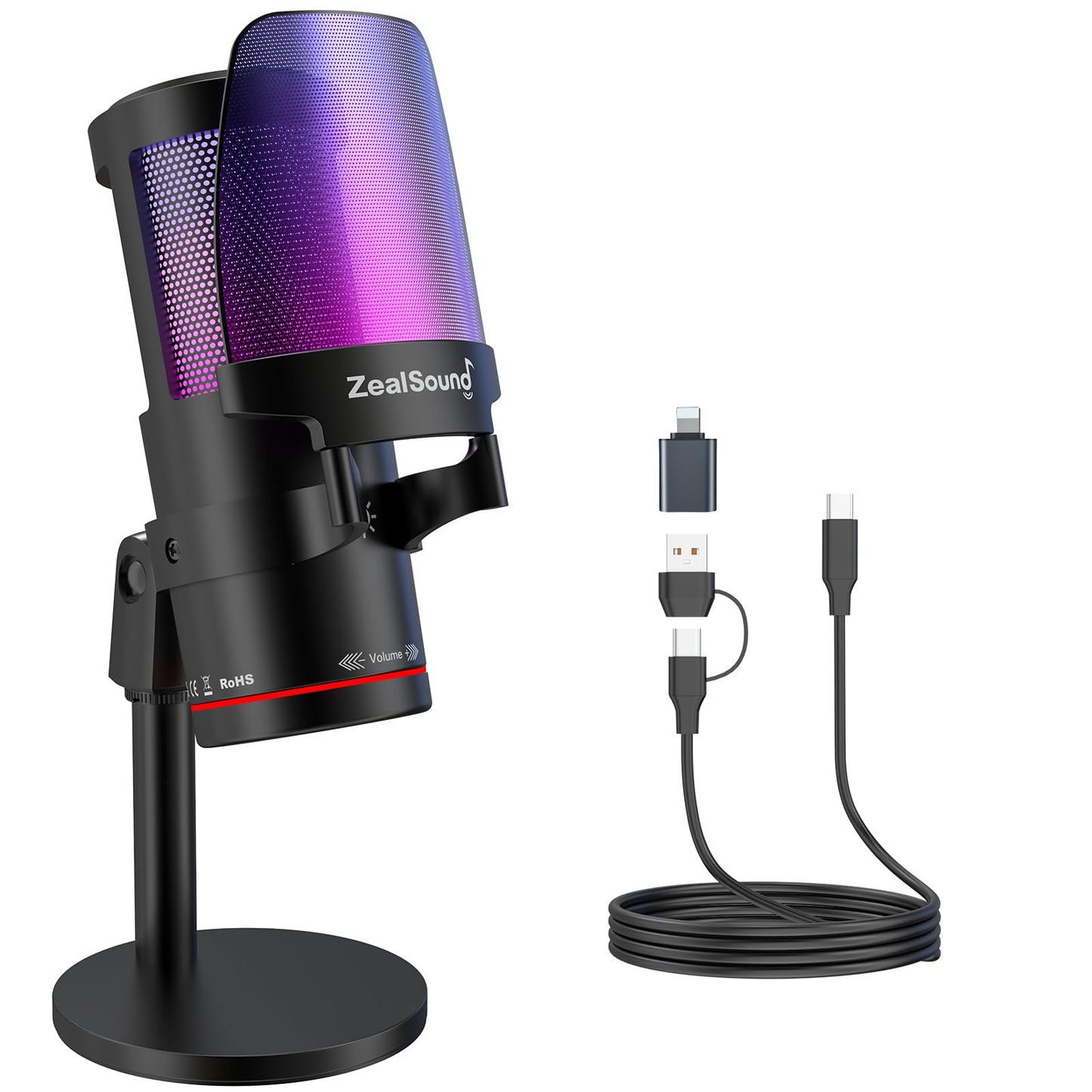 USB Gaming Streaming Microphone RGB Noise-Reducing Studio Mic with Mute/Gain – Black