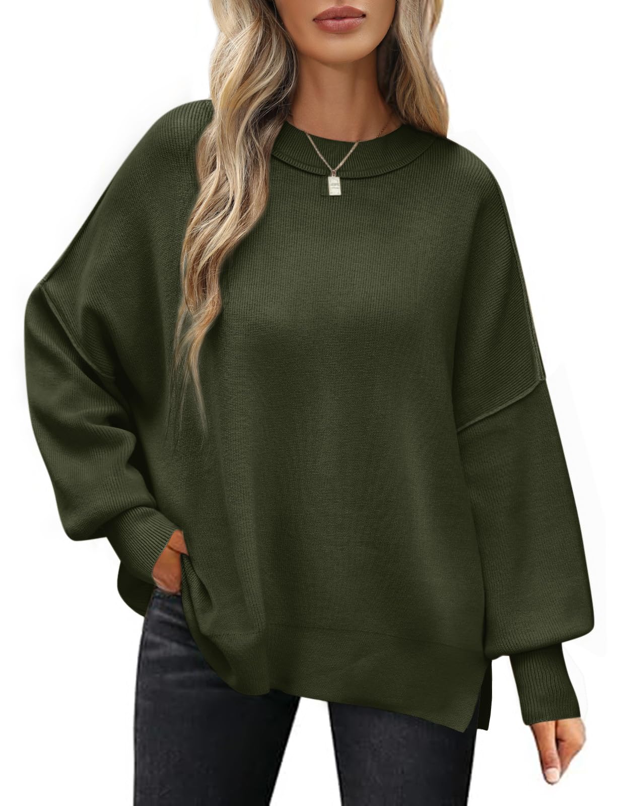 Women's Oversized Jumper Loose Fit Long Sleeve Crew Neck Warm Knit – Army Green XL