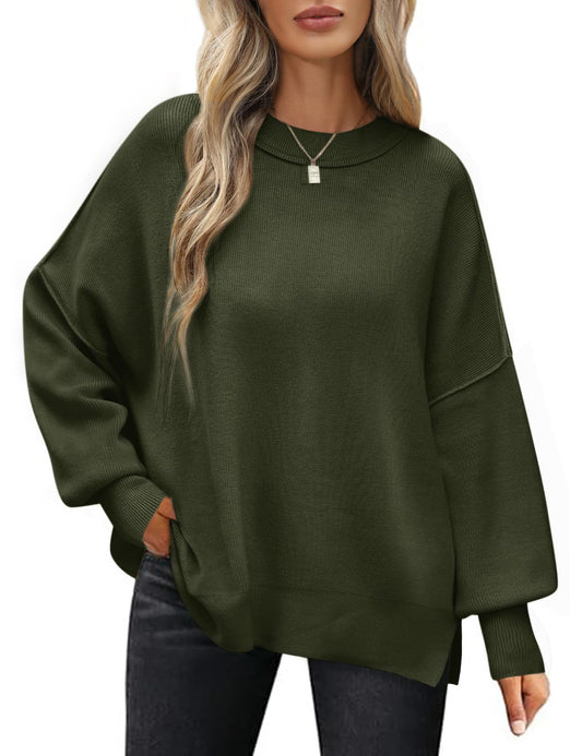 Women's Oversized Jumper Loose Fit Long Sleeve Crew Neck Warm Knit – Army Green XL