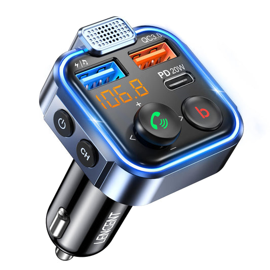 LENCENT Car FM Transmitter, Wireless Bluetooth 5.0 Radio Adapter Car Kit, PD3.0 Type C 20W+QC3.0 Car Fast Charger, Hands Free Calling, Bass Lossless Hi-Fi Sound Support U Disk