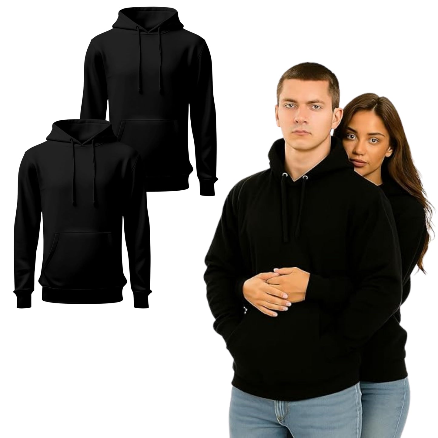 Unisex Black Hoodie Cotton Pullover Workwear Plain 2-Pack – M