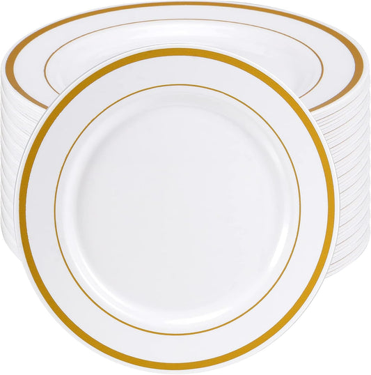 Premium Reusable Plastic Dining Plates Gold Rim – 18.5cm 50 Pack