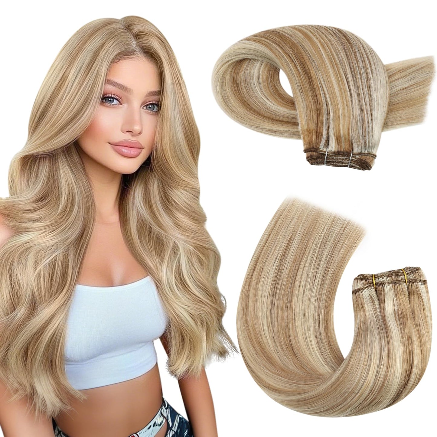 Moresoo Weft Hair Extensions Blonde Sew in Hair Extensions Medium Brown with Platinum Blonde Double Weft 20 Inch 100g/Pack #P6/60