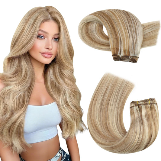 Moresoo Weft Hair Extensions Blonde Sew in Hair Extensions Medium Brown with Platinum Blonde Double Weft 20 Inch 100g/Pack #P6/60