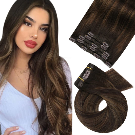 Moresoo Clip in Human Hair Extensions Balayage Darkest Brown with Medium Brown Real Hair Extensions Remy 12 Inch 5 Pcs 70g #2/6/2