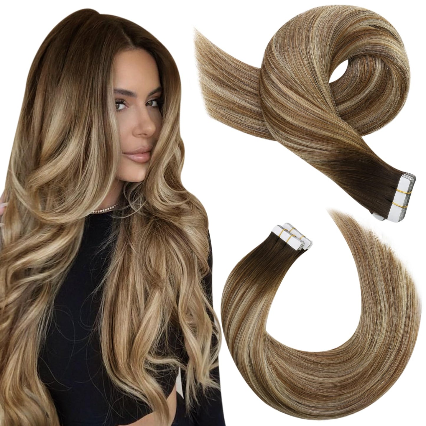 Moresoo Tape in Hair Extensions 18 Inch Dark Brown to Chestnut Brown Human Hair Extensions Tape in 20 Pieces/50g #4/6/613