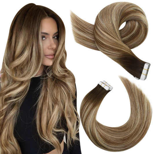 Moresoo Tape in Hair Extensions 18 Inch Dark Brown to Chestnut Brown Human Hair Extensions Tape in 20 Pieces/50g #4/6/613