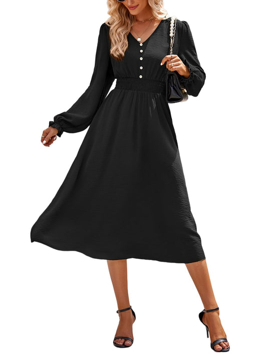 Women’s Pleated A-Line Midi Dress Long Sleeve Elastic Waist Button Detail – Black M