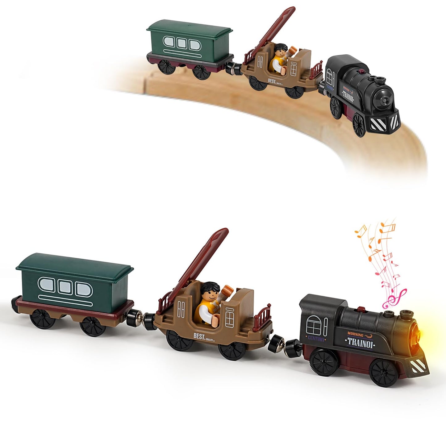 Train Toy Set Magnetic Battery Operated for Wooden Track – Retro Style 3 Pcs