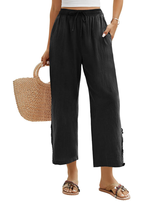 Women’s Cropped Trousers 7/8 Length Cotton Elasticated Waist Lounge Pants – Black L