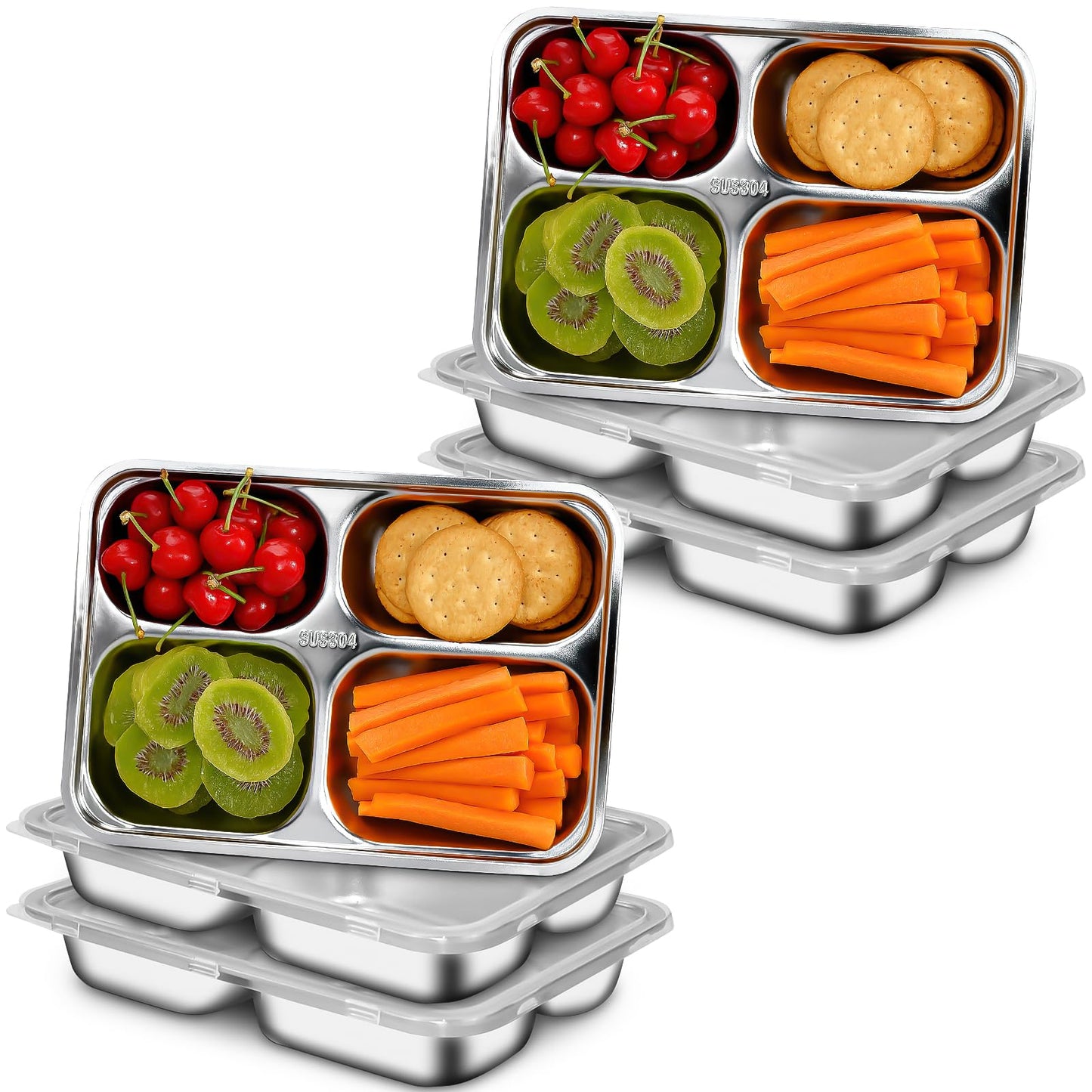 Stainless Steel Divided Dinner Plates 6-Pack 4-Compartment Metal Meal Trays with Lids – 24x17x4cm