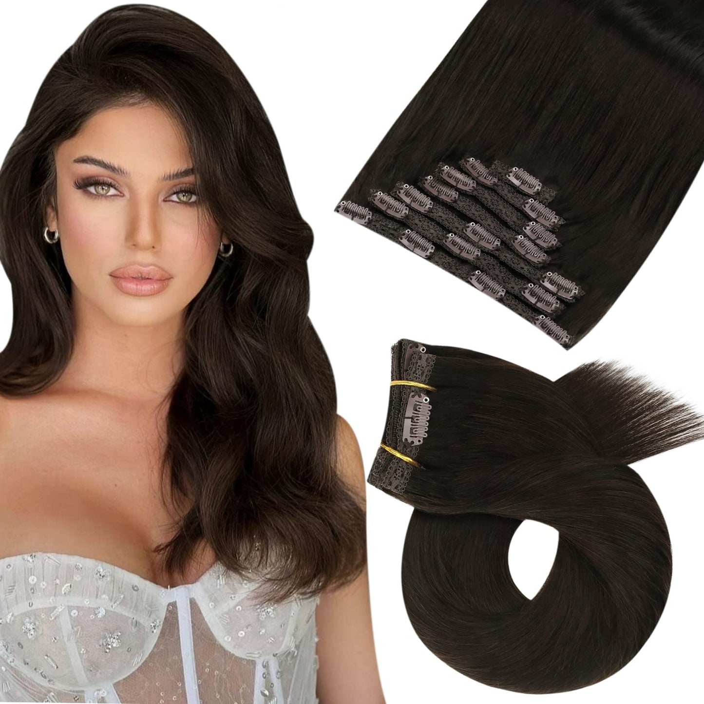 Moresoo Clip in Hair Extensions Real Human Hair Darkest Brown Human Hair Extensions Clip in Real Hair 16 Inch Clip in Human Hair Extensions 7 Pieces/120g #2