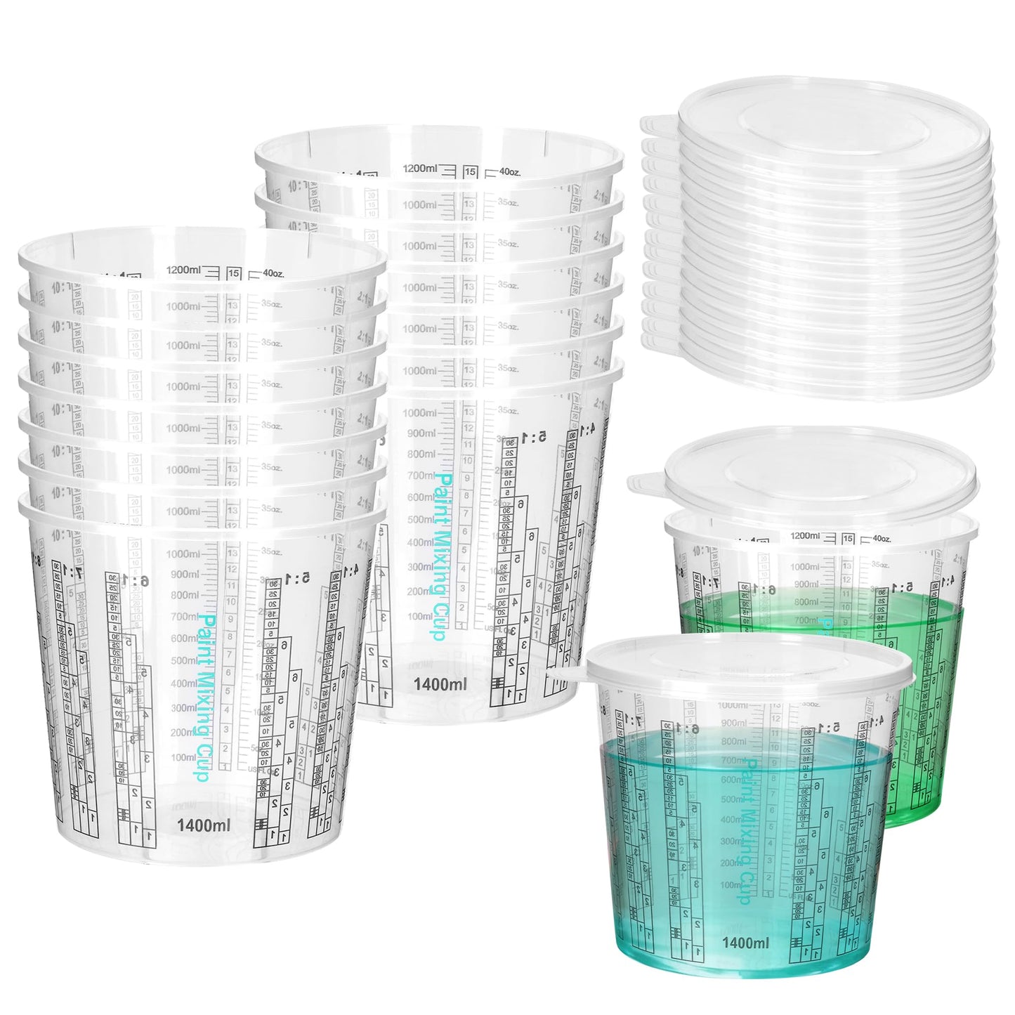 Plastic Paint Mixing Measuring Cups 1400ml with Lids Graduated Scale – Clear 15 Pack