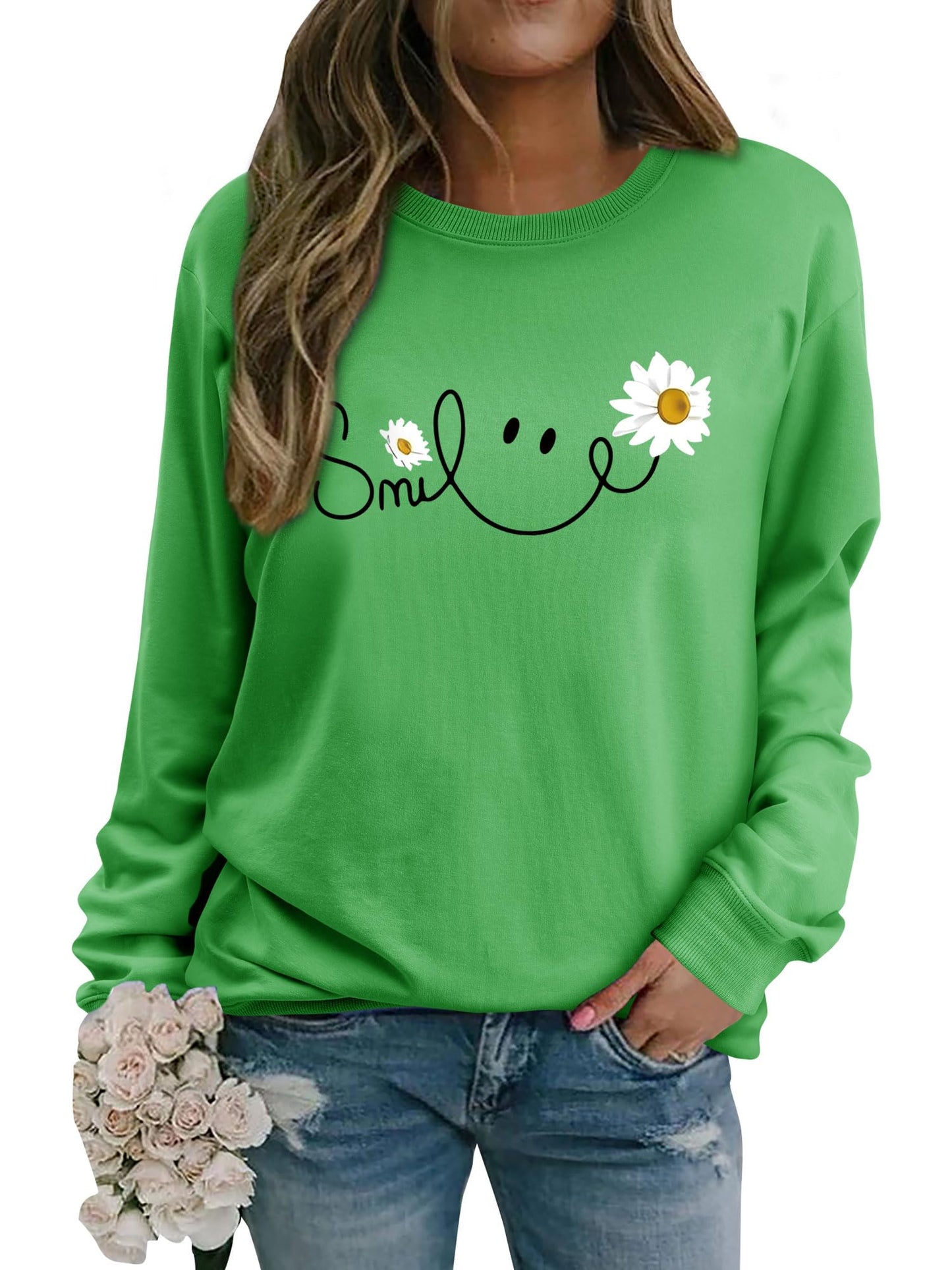 Daisy Graphic Sweatshirt Crew Neck Long Sleeve Casual Top – One Size