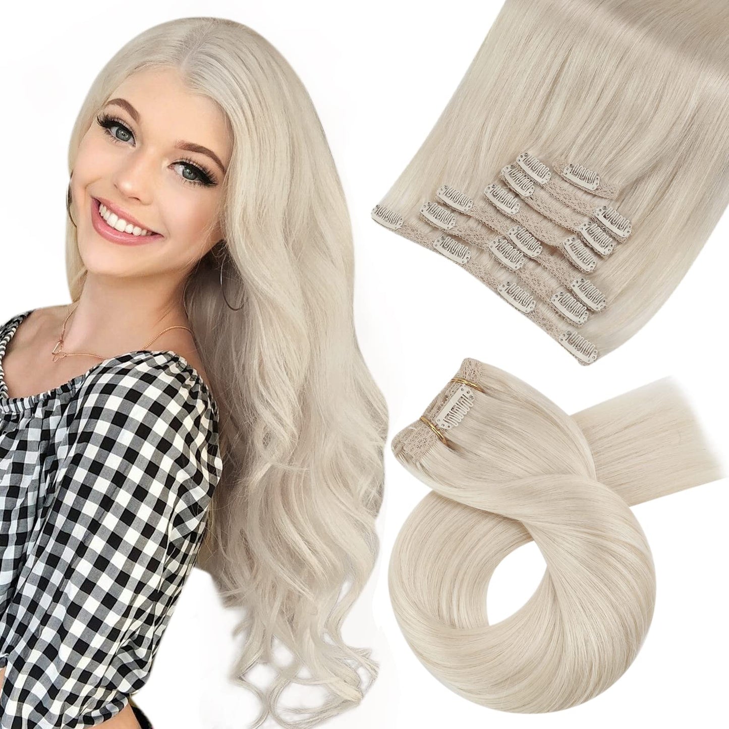 Moresoo Clip in Hair Extensions Real Human Hair Blonde Clip in Human Hair Extensions 18 Inch Platinum Blonde Remy Straight Hair 7 Pieces/120g #60