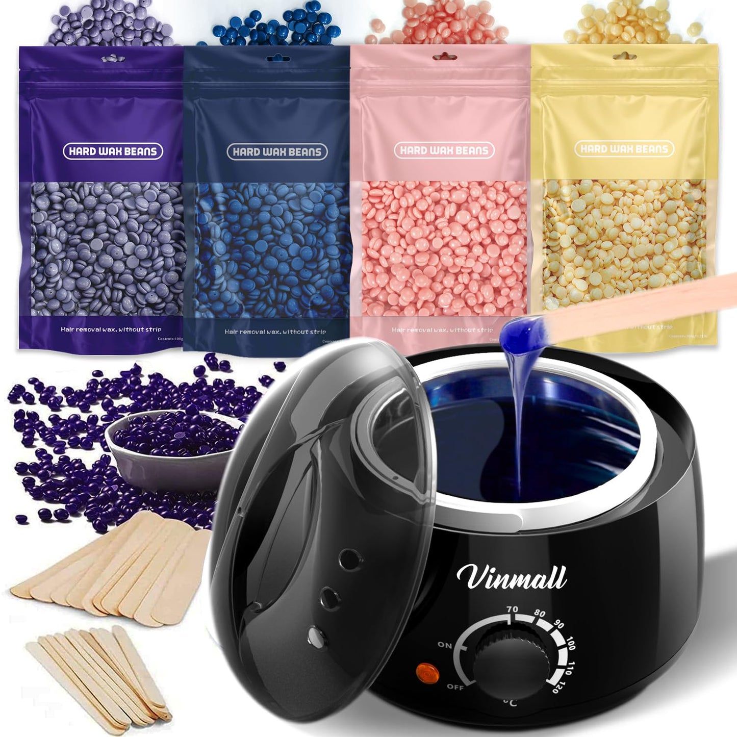 Waxing Kits Wax Heater for Hair Removal: 4 * 100g Hard Waxing Beads & 30 Waxing Sticks Waxing Machine Kit for Home Use Wax Kit Home Waxing Kit for Women/Men