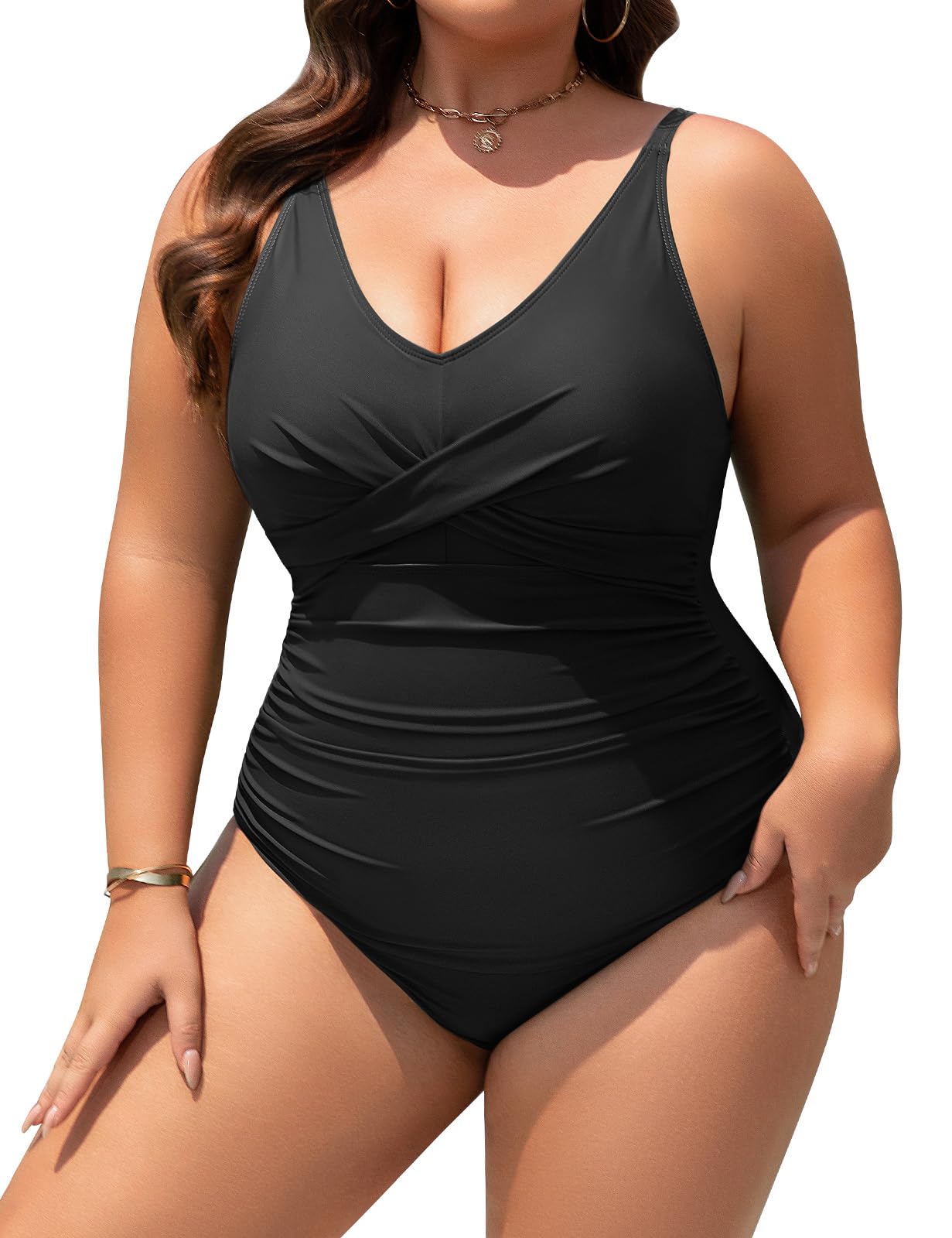 Plus Size One-Piece Swimsuit Tummy Control Padded Bra Push Up – Black L-4XL