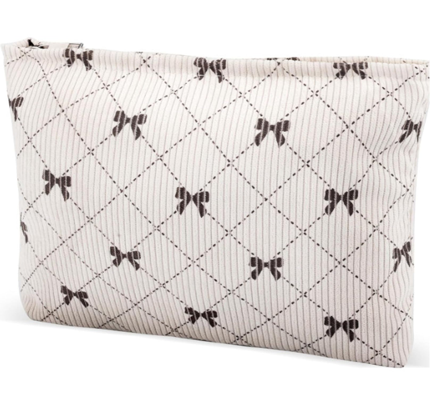 Corduroy Quilted Cosmetic Makeup Bag with Bow Diamond Pattern Zipped Toiletry Pouch – Cream