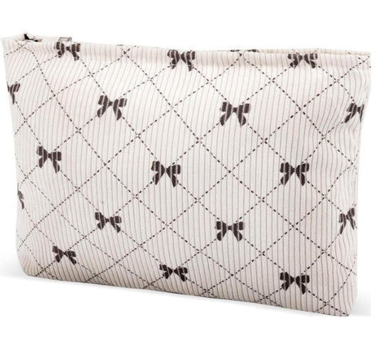 Corduroy Quilted Cosmetic Makeup Bag with Bow Diamond Pattern Zipped Toiletry Pouch – Cream