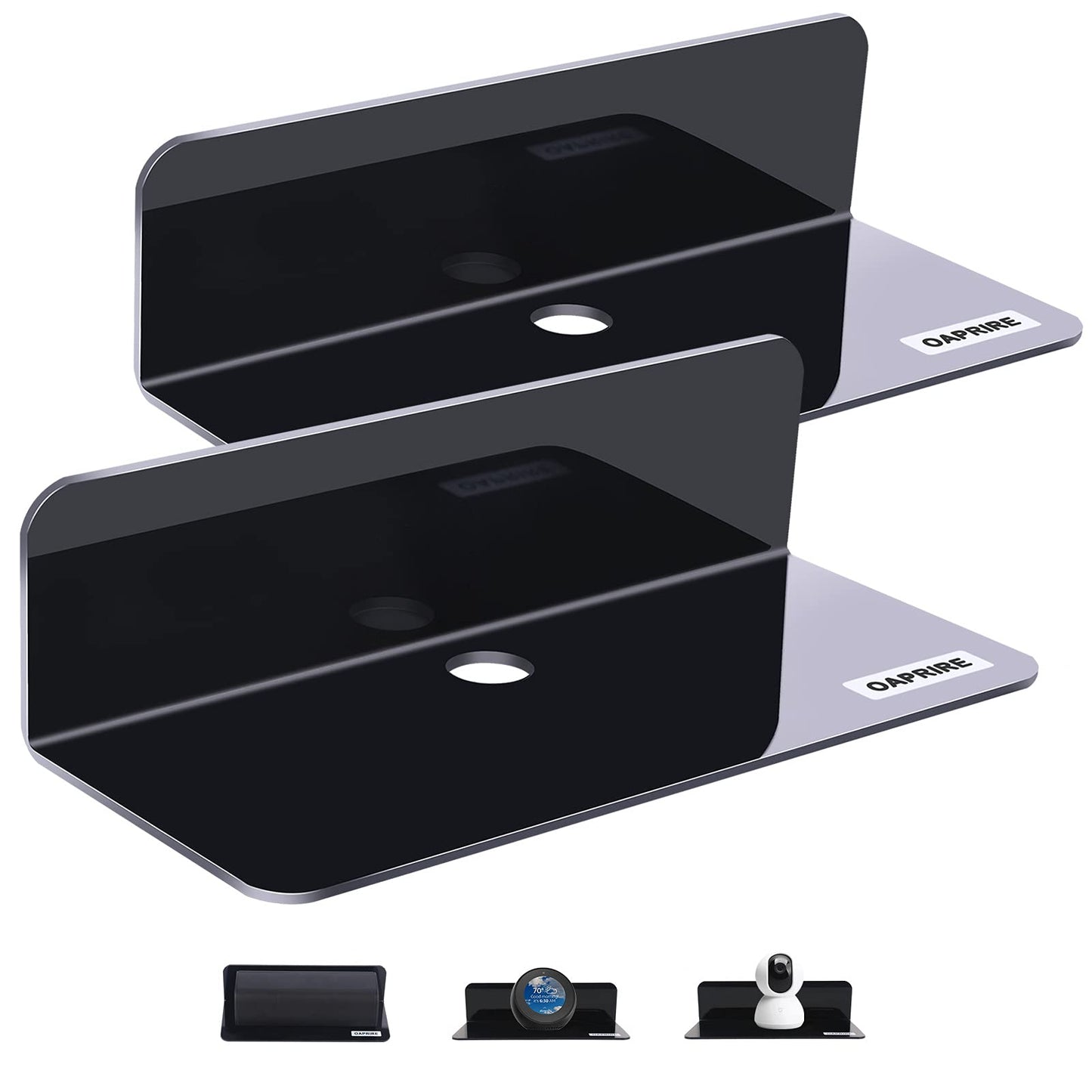 OAPRIRE Acrylic Floating Wall Shelves Set of 2, Damage-Free Expand Wall Space, Black Small Wall Shelf for Smart Speaker, Action Figures, Monitor with Cable Clips, Stick on, No Drill