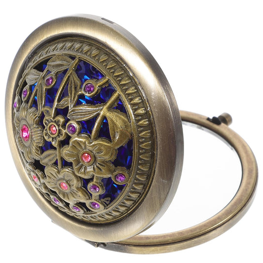 Double-Sided Makeup Mirror 2x Magnification Vintage Zinc Alloy Portable Compact – Dark Brown