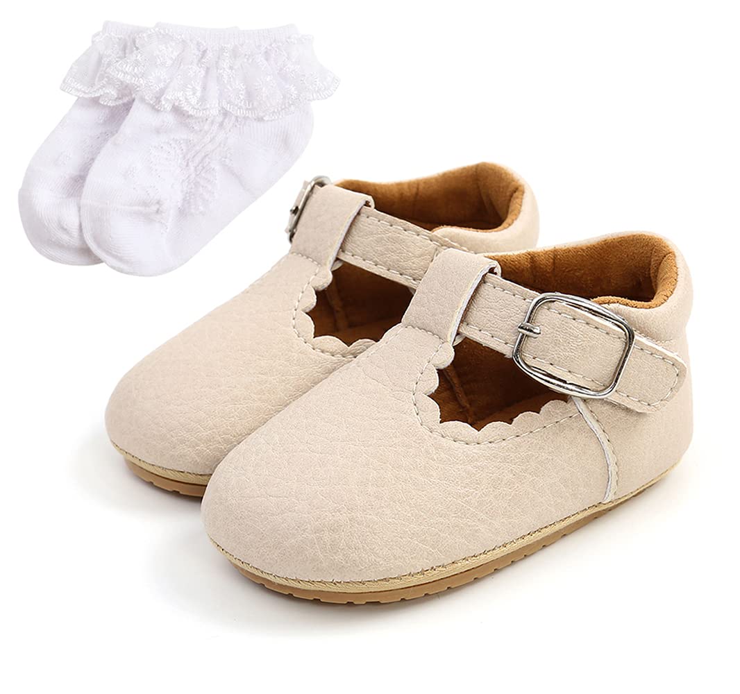 Baby Girl Mary Jane First Walking Shoes Prewalkers Infant Toddler – Beige 6-12 months
