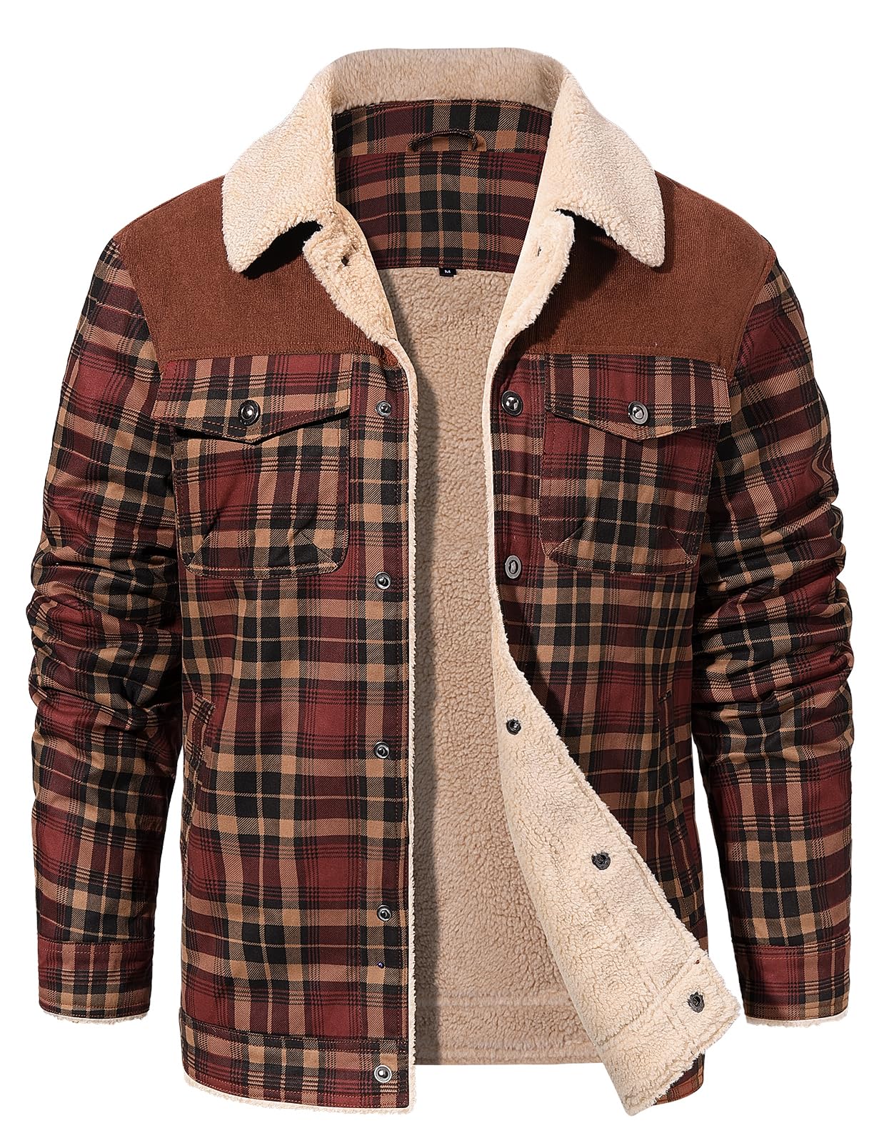 Men's Checked Flannel Fleece-Lined Overshirt Padded Shirt Jacket – Khaki