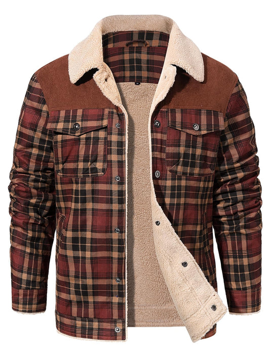 Men's Checked Flannel Fleece-Lined Overshirt Padded Shirt Jacket – Khaki