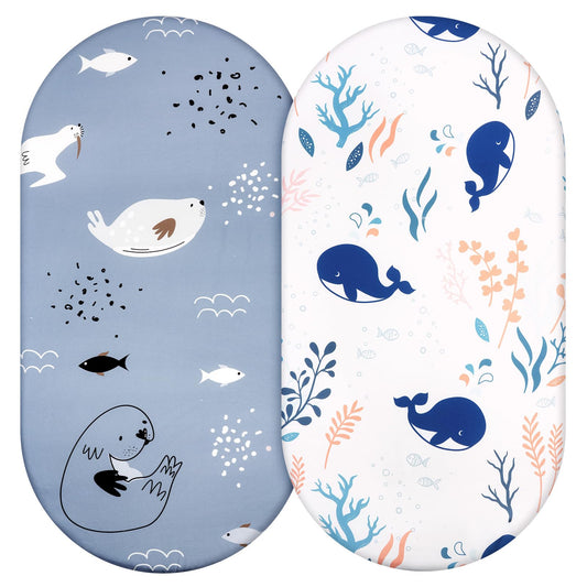 Crib Fitted Sheets 2pc 84x41cm Breathable Lightweight Bassinet Cot – Whale/Seal Blue-White