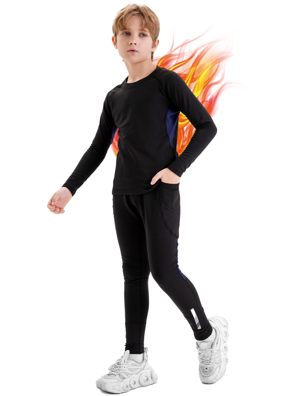 Kids Thermal Base Layer Set Fleece Warm Quick-Dry Long Sleeve 2 Pockets – Black 150