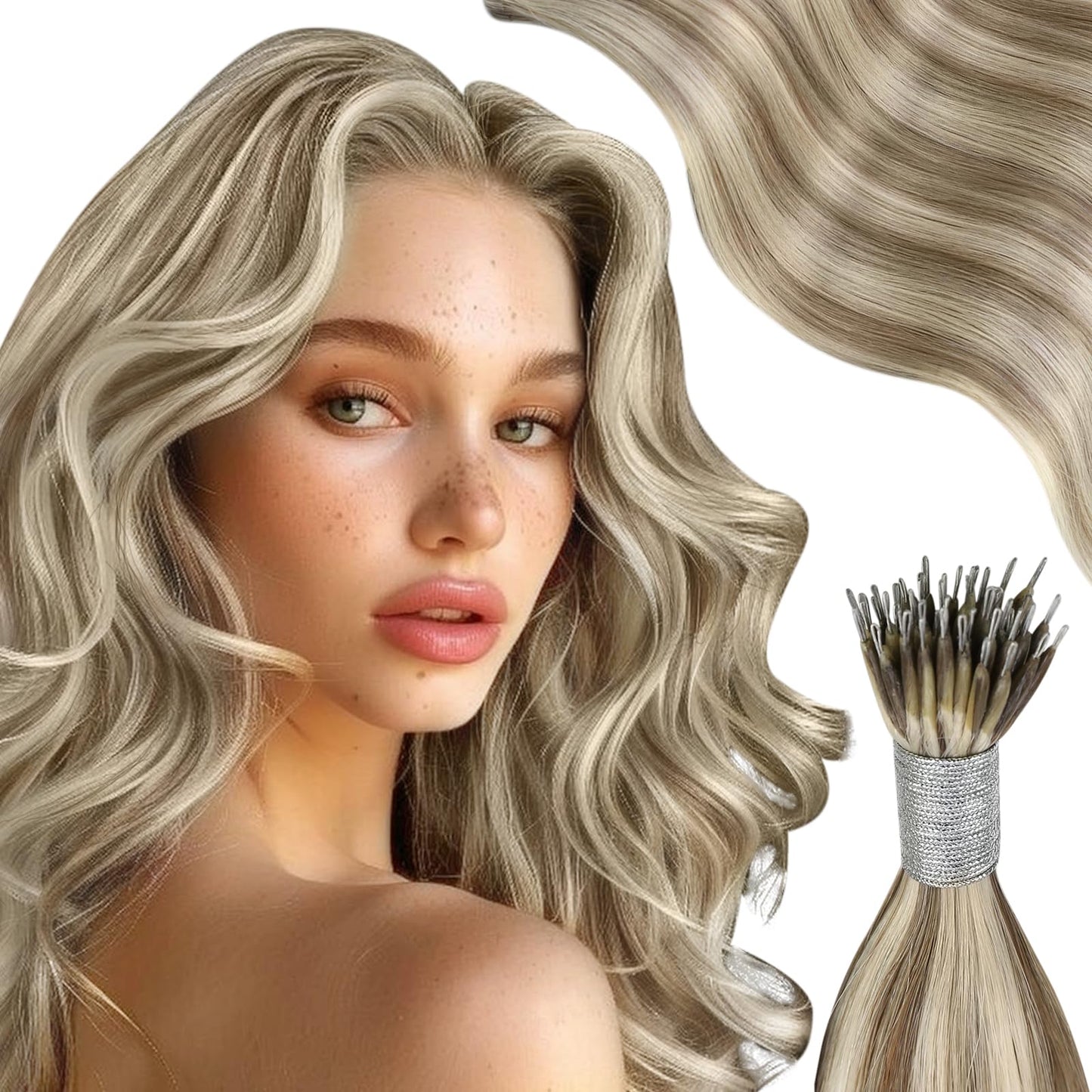 Moresoo 1g/s Nano Ring Hair Extensions Human Hair Light Brown with Platinum Blonde Nano Beads Human Hair Extensions 16 Inch Nano Hair Extensions 50g/Pack #P9A/60