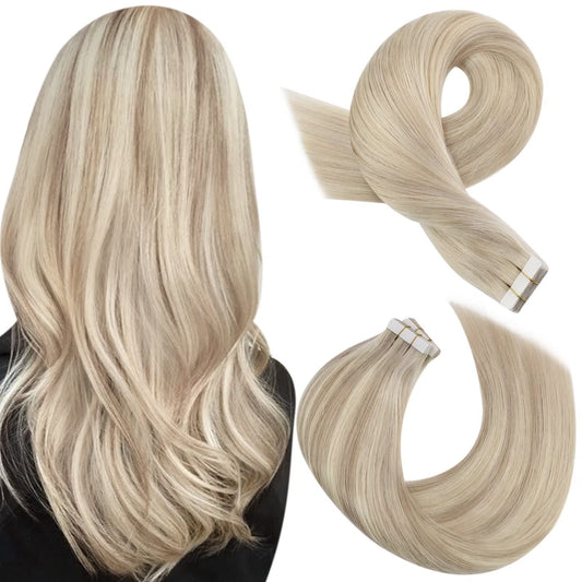 Moresoo Tape in Hair Extensions Tape in Human Hair Ash Blonde with Platinum Blonde Invisible Tape Extensions 22 Inch Real Hair Extensions Tape In 20 Pieces/50g #P18/613