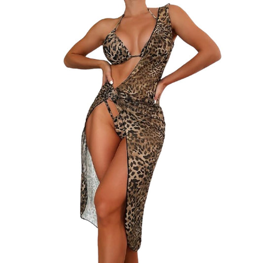 Women’s 3-Piece Bikini Set Halter Top & Long Cover-Up – Leopard L