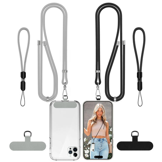COCASES Phone Lanyard Crossbody 2 Pack Adjustable Anti-Theft Phone Strap Crossbody and 2 Pack Wrist Strap for Neck Strap iphone Lanyard Compatible with Most Mobile Phone-2 Patches Black/Grey