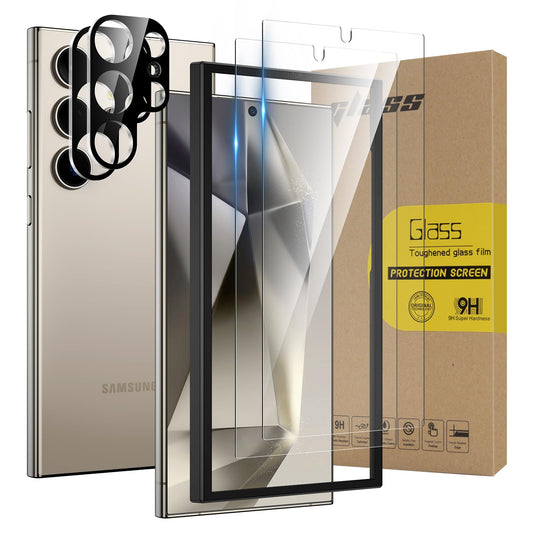 Screen Protector 9H Tempered Glass + Camera Lens Protector for Samsung Galaxy S24 Ultra Easy Install – 2+2 pack