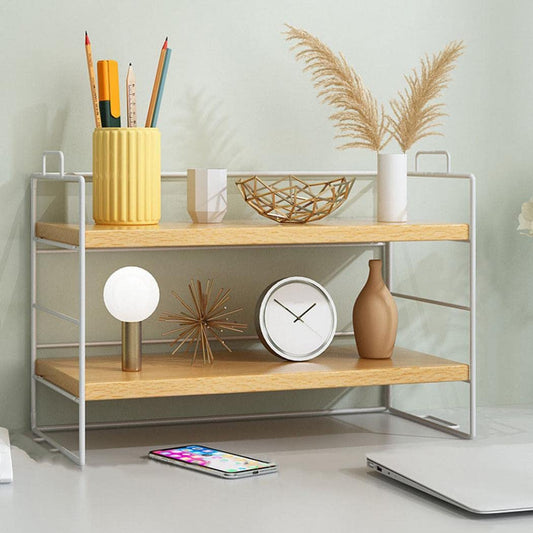 Desktop Shelf Organizer Small Adjustable Wooden Desk Shelf with White Frame – Wood White