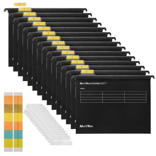 Suspension Files, MerryNine 15PCS Polypropylene Filing Cabinet Suspension Files with Tabs and Card Inserts for School Home Work Office Organization (Black, Foolscap)
