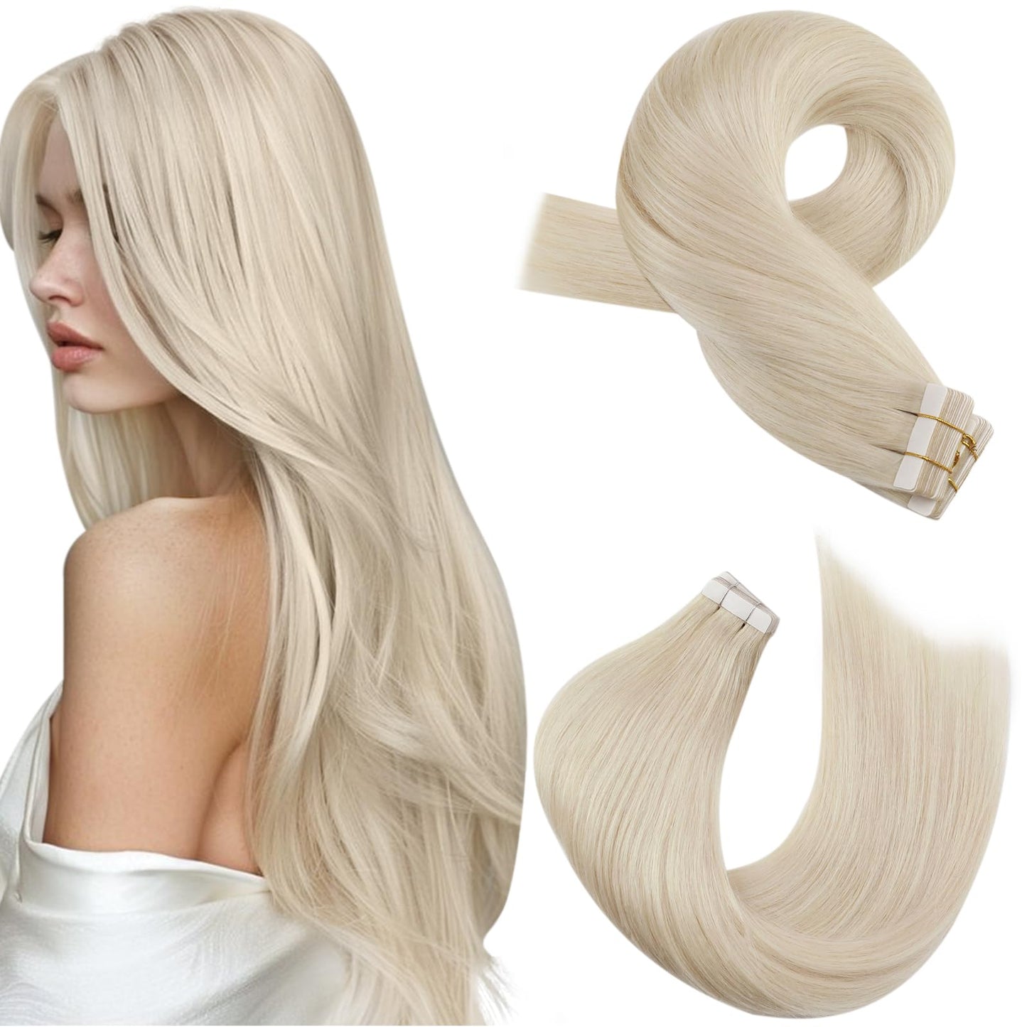 Moresoo Tape in Hair Extensions Human Hair Invisible Tape Hair Extensions Platinum Blonde Tape Extensions Tape in Human Hair Silky Straight 18 Inch 20 Pieces/50g #60