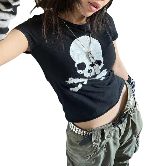 Women's Skull Crop Top Goth Vintage Short Sleeve Crew Neck – Black S
